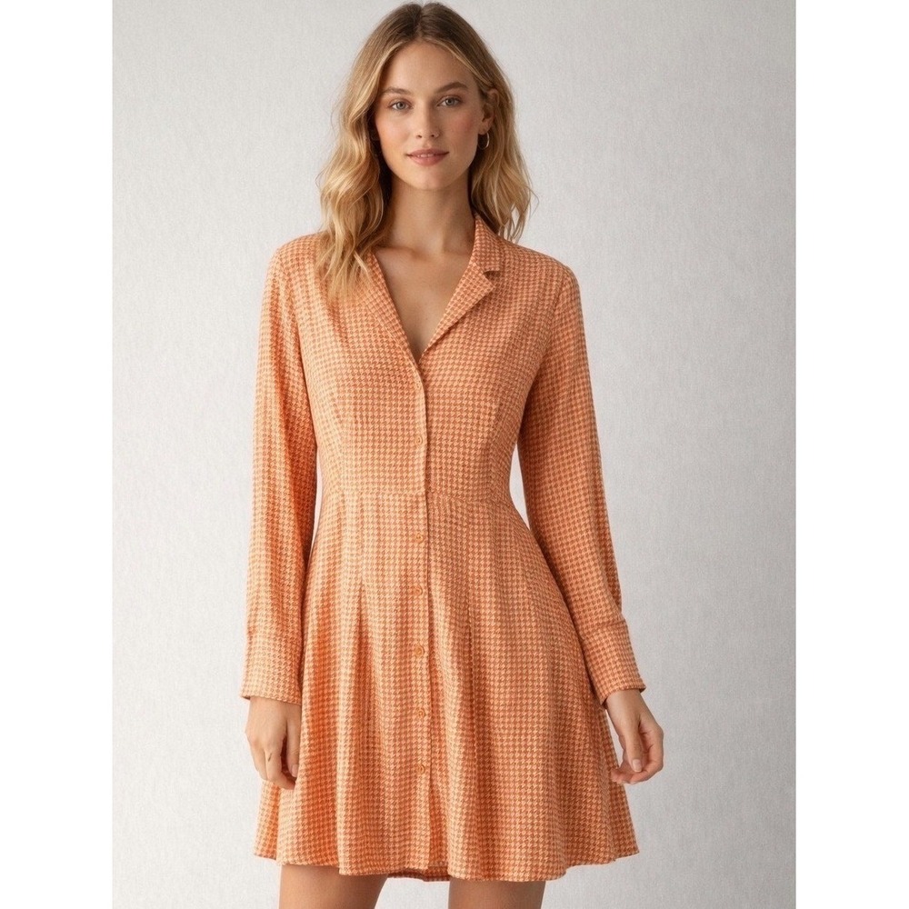 & Other Stories Paris Atelier Orange Houndstooth Button Mini Dress US 4 Retro